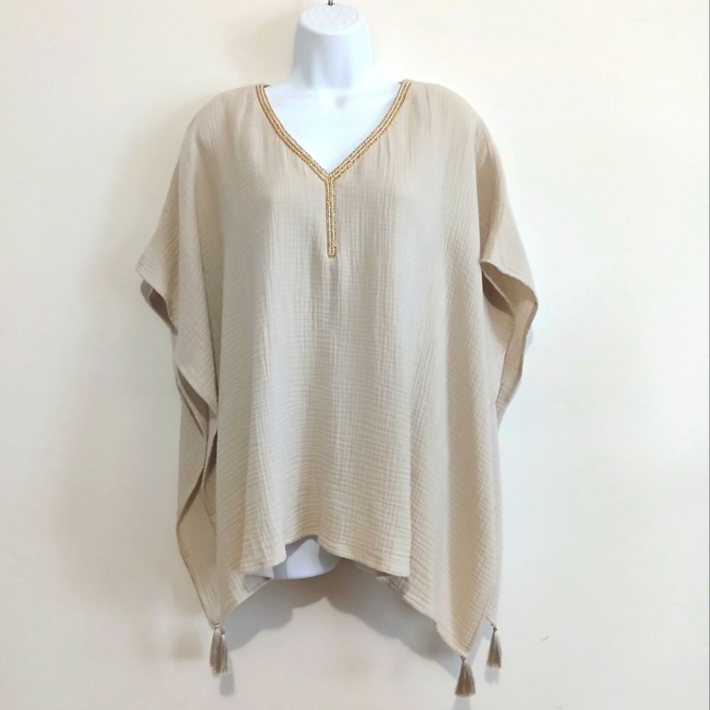 JM Collection Gauze Top Small Poncho Beaded Vacation Summer Boho Chic Tan